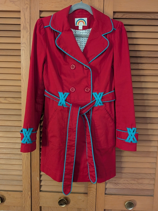 Modcloth Jackets & Blazers - Bright Red Trench Coat with Turquoise Trim - Brand: Ruby Belle (For Modcloth)